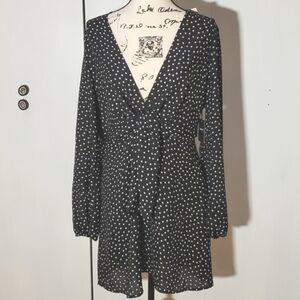 Forever 21- Womens Black/White Polka Dot Deep V Plunge Slit back Dress Sz.XL